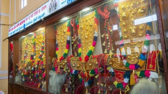 Mysore, Karnataka, India - November 25th 2018 : Gold plated elephants ornaments , made by artisans, for elephants participating in Dasara festivities of Mysore. Elephants are big attraction in Dasara.